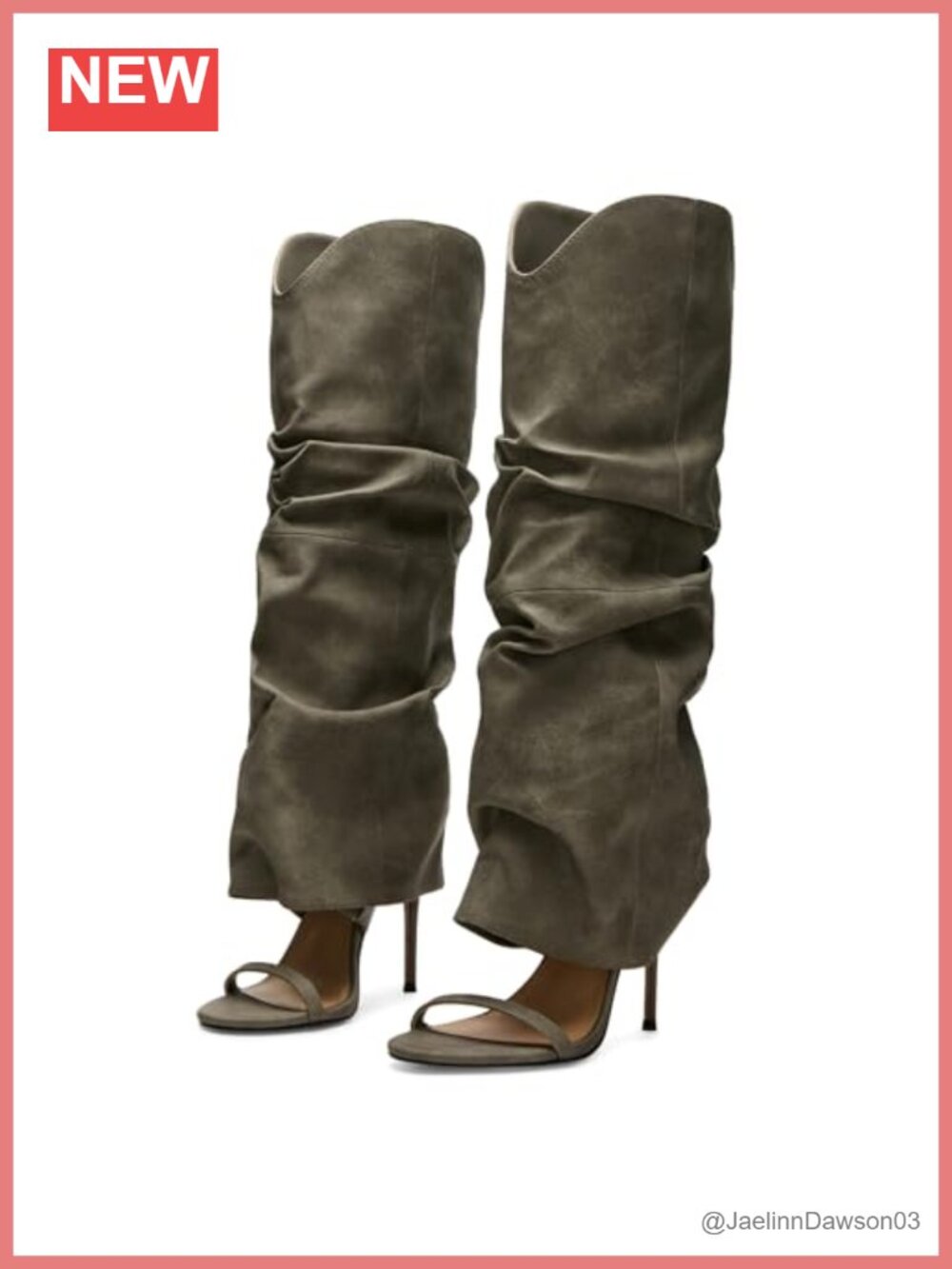 Slouched Ruched Knee High Stiletto Heels Open Toe Pull On Wide Calf Sandals